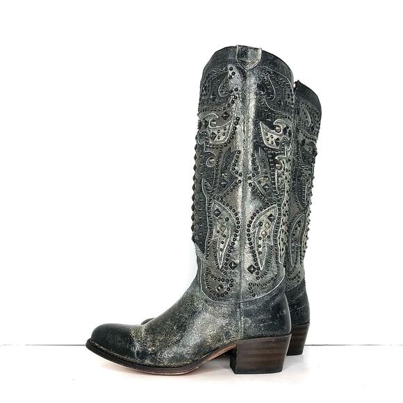 Frye Deborah Deco Tall Studded Distressed Leather Western Boots Women’s 6 Shoes - Picture 4 of 11